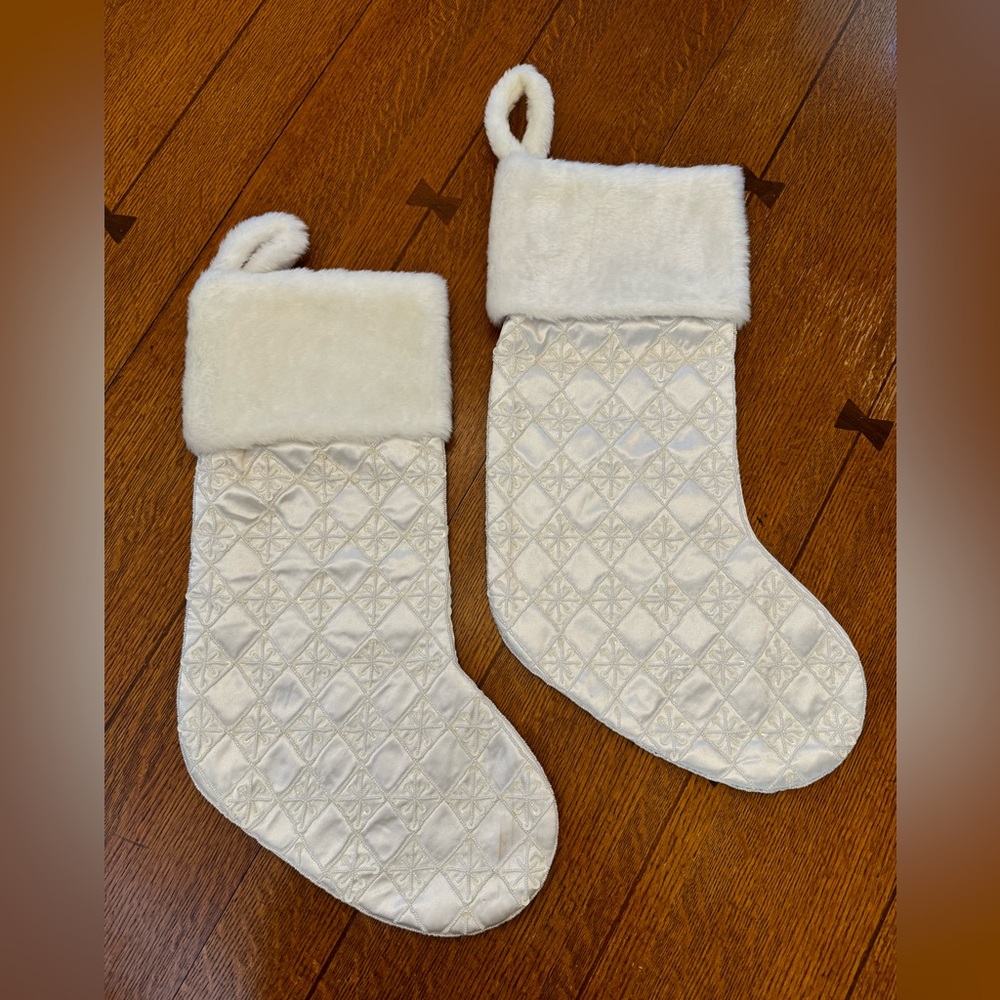 Set of 2 white beaded satin Christmas stockings faux fur trim snowflake
